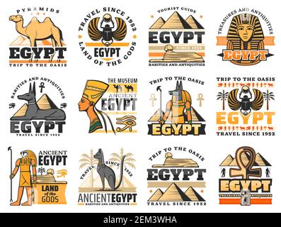 Égypte ancienne pyramide pharaoh et dieux vecteur de conception des icônes de voyage égyptiennes. Grandes pyramides de Gizeh, symbole du Sphinx et de l'ankh, Anubis, Horus et cicatrice Illustration de Vecteur