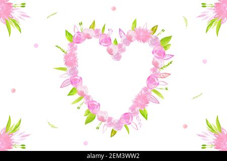 Bannière Rose couronne clipart. Cadre de mariage avec fleurs et feuillage pour cartes postales, cartes, invitations. Copiez l'espace pour votre texte Banque D'Images