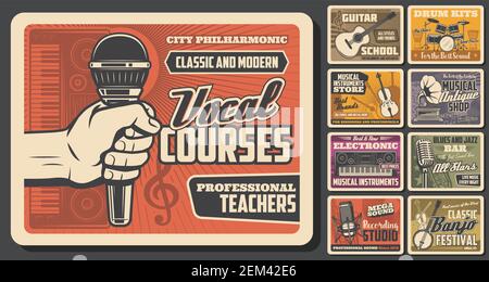 Affiches de musique rétro avec instruments de musique et microphones. Guitares vectorielles, batterie et saxophone, violon, notes musicales et clef d'aigus, gramme vintage Illustration de Vecteur