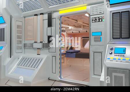 Illustration 3D. Chambre de vaisseau spatial Banque D'Images