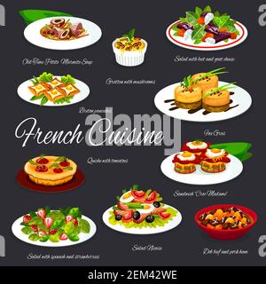 Plats français de foie gras vecteur, fromage, olives, salades de légumes et de thon, sandwiches aux oeufs et crêpes, gratin de champignons et chic Illustration de Vecteur