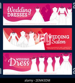 Robes de mariage et silhouettes embrassant mariée et marié, couple heureux. Mariage vectoriel robes de mariée sur cintres, salle d'exposition boutique de demoiselle d'honneur engage Illustration de Vecteur