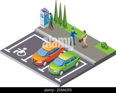 Stationnement de voitures de composition isométrique dans le stationnement et le conducteur communique avec l'illustration vectorielle de l'agent de stationnement Illustration de Vecteur