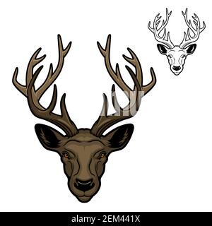 Cerf avec bois mascotte de la tête d'animal vecteur. La chasse, le sport et la mascotte de zoo de renne, hervivores sauvages cerf de mammifère ou de doe avec fourrure brune et grande Illustration de Vecteur