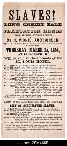 US Slave Market Auction: Affiche annonçant une vente aux enchères d'esclaves de la Nouvelle-Orléans de 18 personnes asservies ('Plantation Hands') de l'Alabama, USA, 1858 Banque D'Images