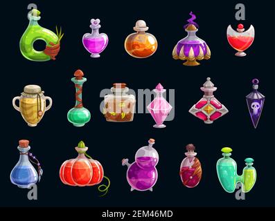 Potions de sorcières, attributs de fête d'halloween, magie. Vecteur élixir de l'amour et de la mort, changements magiques, bouteilles et flacons de liquides de couleur. Trick ou traa Illustration de Vecteur
