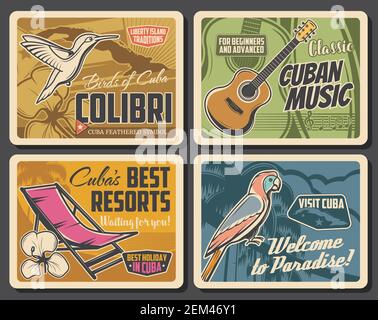 Cuba affiche de vecteur de voyage des stations balnéaires cubaines et de conception touristique. Carte de l'île tropicale, palmier royal des Caraïbes et perroquet, guitare cubaine tres, Illustration de Vecteur