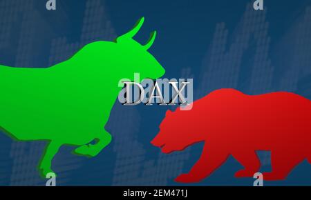 L'indice allemand Dax est volatile et manque de sens. L'illustration montre une distance entre un taureau vert et un... Banque D'Images