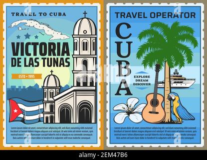Cuba voyage et le tourisme vecteur conception de la carte cubaine, drapeau et île plage avec le palmier royal des Caraïbes, guitare et perroquet, fleur de mariposa, croisière s Illustration de Vecteur