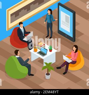 Page d'accueil isométrique d'e-learning, personnages humains avec appareils mobiles pendant l'illustration vectorielle de la conférence électronique Illustration de Vecteur