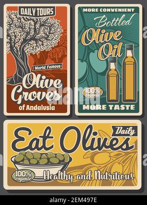 Bouteilles d'huile d'olive, fruits et arbres verts, conception vectorielle de nourriture. Branches d'olive avec feuilles, bol de fruits marinés et huile extra vierge post rétro Illustration de Vecteur