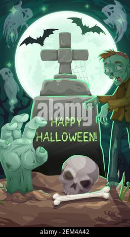 Joyeux halloween, pierre tombale sur cimetière, zombie et fantômes. Vecteur nuit d'horreur, la lune de carie et les chauves-souris, pierre tombale avec croix et toile d'araignée, main overgro Illustration de Vecteur