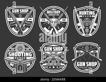 Guns and ammo shop, club de sport de chasse et badges vectoriels de la gamme de tir. Fusils, armes militaires, balles et cibles, pistolets, revolvers et chasseurs Illustration de Vecteur