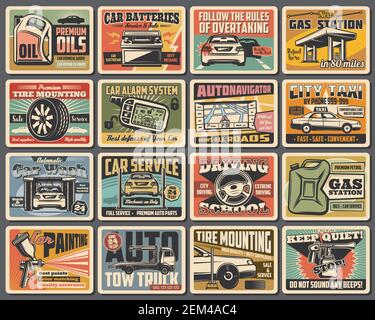 Auto service, lavage de voiture et peinture, montage de pneus, station-service et mécanique garage vecteur affiches. Pièces de rechange, huile pour moteur de véhicule et batterie, roues Illustration de Vecteur