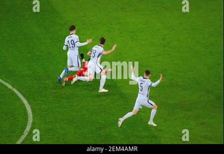 BUCAREST, ROUMANIE - 23 février 2021 - le FC Chelsea et l'Atletico Madrid en action pendant la première étape de la Ligue des champions de l'UEFA au National Are Banque D'Images