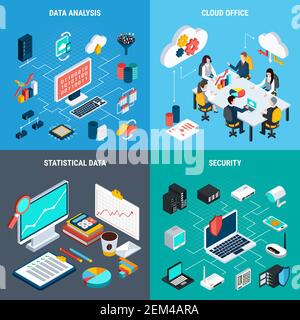 Ensemble de concepts de Big Data 2x2 de données de bureau dans le cloud sécurité de l'analyse et statistiques icônes carrées illustration du vecteur isométrique Illustration de Vecteur