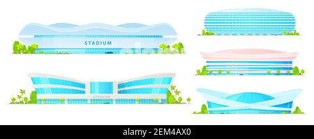 Stade et arène de sport bâtiments de football, de football, de basket-ball et de base-ball, de pistes sportives et d'icônes vectorielles de champs. Architecture de ville moderne, Illustration de Vecteur