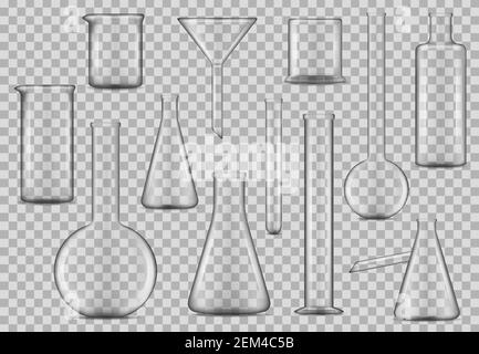 La verrerie de laboratoire, les béchers de test chimique et les liquides de laboratoire mesurent des flacons en verre. Modèles de maquette 3D vectoriels réalistes. Chimie à vecteur isolé et Illustration de Vecteur