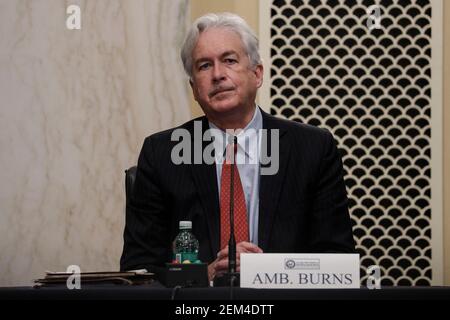 Washington, États-Unis d'Amérique. 24 février 2021. William Burns est assis pour témoigner devant une audience du Comité du renseignement du Sénat sur sa nomination au poste de directeur de la Central Intelligence Agency (CIA) à Capitol Hill à Washington, États-Unis, le 24 février 2021.Credit: Tom Brenner/Pool via CNP | usage Worldwide Credit: dpa/Alay Live News Banque D'Images