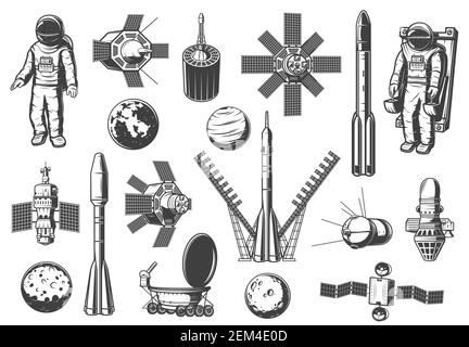 Des navettes et des roquettes, des icônes monochromes isolées de l'espace et de l'astronomie. Satellites vectoriels et vaisseaux spatiaux, missiles de lancement, combinaison de spaceman. Rocketship et Illustration de Vecteur