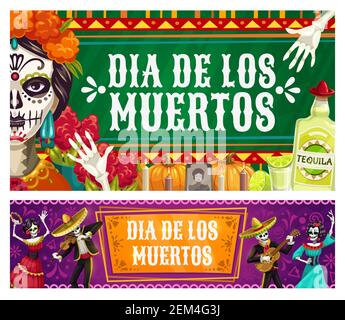 Dia de los Muertos, Fête mexicaine des morts, catrina calavera squelettes dans le sombrero jouer des maracas et de la danse. Célébration de la Journée des morts Vector, Mexique Illustration de Vecteur