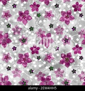 Motif gris sans couture avec fuchsia et fleurs blanches Banque D'Images