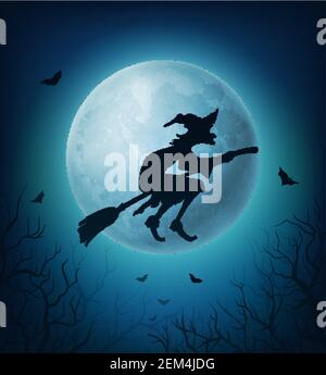 Sorcière volant sur le balai dans le ciel de nuit d'horreur d'Halloween. Silhouette noire de la femme maléfique sur le bâton de bois contre la pleine lune, les chauves-souris et les branches effrayantes de l'arbre. Ha Illustration de Vecteur
