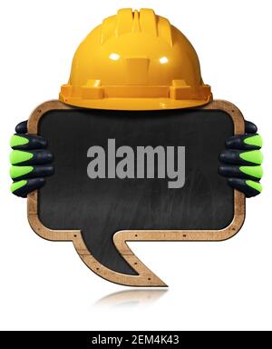 Travailleur manuel avec des gants de travail de protection et un casque de sécurité jaune montrant un tableau noir vierge avec un cadre en bois en forme de bulle de la parole. Banque D'Images