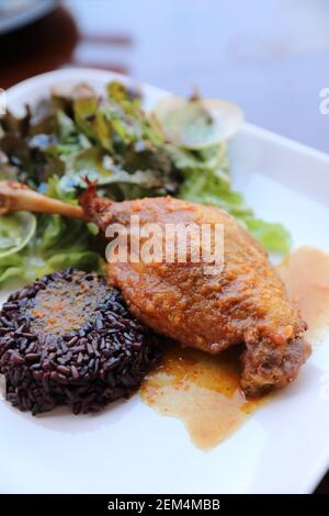 Confit de canard avec du riz et de la salade italienne , style alimentaire Banque D'Images