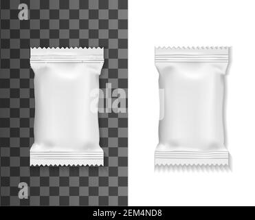 Emballage blanc maquette, sachet ou sac de poche vecteur 3d isolé emballage vierge réaliste pour les aliments, les serviettes humides ou les cosmétiques. Papier aluminium, plastique ou papier blanc rect Illustration de Vecteur