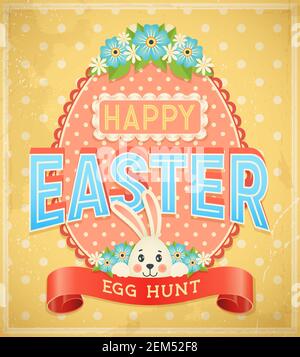 Affiche vectorielle rétro Happy Easter Egg Hunt. Carte de vœux vintage à pois grunge. Lapin, œufs décorés, fleurs et ruban avec typogr Illustration de Vecteur