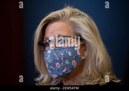 Liz Cheney, représentant des États-Unis (républicain du Wyoming), fait des remarques, tandis que les dirigeants républicains de la Chambre des représentants se joignent à une conférence de presse au Capitole des États-Unis à Washington, DC, le mercredi 24 février 2021. Crédit : Rod Lamkey/CNP | utilisation dans le monde entier Banque D'Images