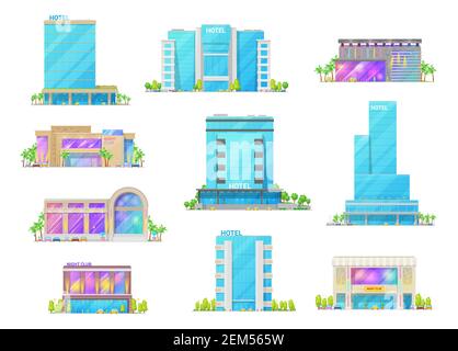 Hôtel et boîtes de nuit bâtiments architecture isolé caricatures vector icônes. Luxueux appart hôtels, appartements auberge de ville, complexe de boîte de nuit. Bâtiment Illustration de Vecteur