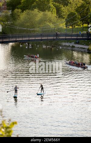 Stand-Up Paddleboarders et Dragonboat Racers on the River exe à Exeter Quay, Exeter, Devon, Royaume-Uni. Banque D'Images