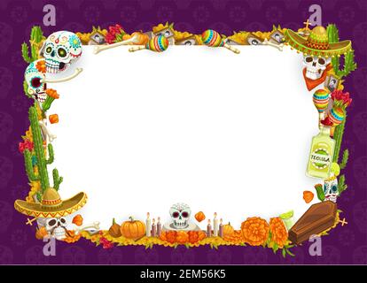 Jour de mort Mexicain Dia de los Muertos vacances affiche vierge avec des crânes de calavera et cadre de fleurs de marigold. Célébration du jour des morts, cactus te Illustration de Vecteur