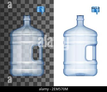 Grands flacons en plastique réalistes pour refroidisseur d'eau avec bouchon ouvert, maquette 3D vectorielle isolée. Emballages vides bleus avec poignée pour l'eau potable. Suppr Illustration de Vecteur