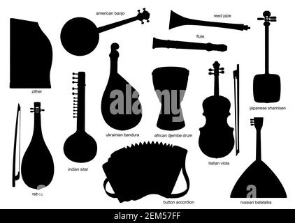 Silhouettes noires d'instruments de musique. Cithare vecteur isolé, american, banjo et tuyau à roseaux, flûte, shamisen et rebec. Sitar, bandura et jembe d Illustration de Vecteur