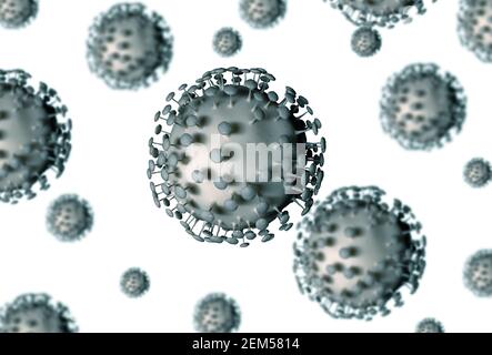 Groupe de cellules virales. Illustration 3D des cellules du coronavirus sous microscope. Infection COVID-19 médicale isolée sur fond blanc Banque D'Images