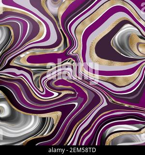 Motif tourbillon violet. Motif tendance en marbre texturé avec nervures dorées. Effet de marbrures fluides. Illustration Banque D'Images