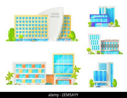 L'architecture des bâtiments de l'hôtel et du motel est une icône isolée. Luxueux appart hôtel, auberge de ville appartements, station avec façade en verre, voitures garées et palmier Illustration de Vecteur