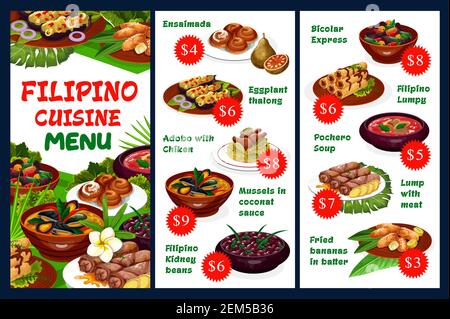 Menu vectoriel du restaurant de cuisine philippine avec plats à base de viande, légumes et desserts pâtissiers. Ensaimada, thalong d'aubergine, adobo avec poulet, moules Illustration de Vecteur