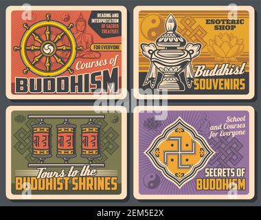 Bouddhisme religion, méditation et culte de Bouddha affiche rétro vintage. Vector Bouddhisme cours d'école religieuse, boutique de souvenirs ésotériques et bouddhiste Illustration de Vecteur