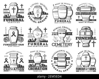 Icônes vectorielles des urnes funéraires et funéraires. Columbarium funéraire ou organisme de service de crémation. Symboles monochromes des urnes de crémation pour la cendre sur la cète Illustration de Vecteur