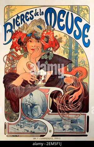 Alphonse Mucha, affiche publicitaire pour 'Bieres de la Meuse', lithographie couleur, 1897. Alfons Maria Mucha (1860 -1939) est un peintre, illustrateur et graphiste tchèque de style Art nouveau, Banque D'Images