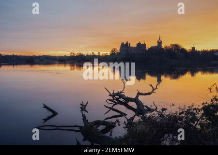 Vieux château écossais sur le lac au lever du soleil. Arbres dans l'eau au premier plan. Palais de Linlithgow, Écosse Banque D'Images