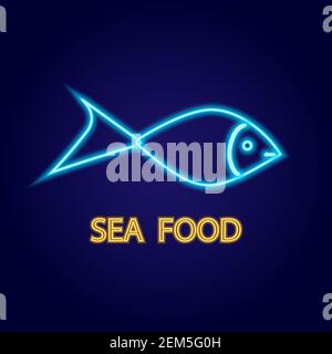 Enseigne au néon sur les fruits de mer. Poisson sur fond. Illustration vectorielle de style néon pour le restaurant de poissons ou de fruits de mer, le café, le magasin. Illustration de Vecteur