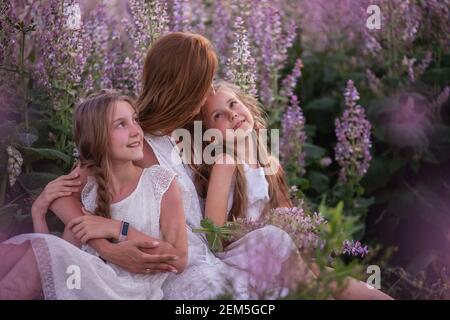 La jeune mère embrasse ses deux filles parmi un champ de sauge en fleur pourpre. Vêtu de blanc avec des chapeaux en paille. La femme embrasse avec amour les filles, les coups, le baiser Banque D'Images