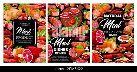 Viande, saucisses et boucherie. Médaillons de porc et de veau Vector, saucisses, steak de bœuf, kotelet et salami. Cervelat, wursts fumés, mutt Illustration de Vecteur