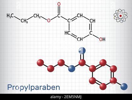 Propylparabène, molécule de propylparabène. Il s'agit d'ester de benzoate, de paraben, d'antimicrobien, de conservateur antifongique, E216. Feuille de papier dans une cage. Vecteur Illustration de Vecteur