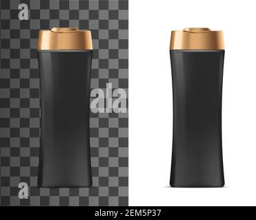Shampooing bouteille cosmétique maquette 3d vecteur. Emballage en plastique noir avec étiquette vierge et modèles de capuchon à rabat doré, crème, lotion pour le corps ou sachets de savon, Illustration de Vecteur
